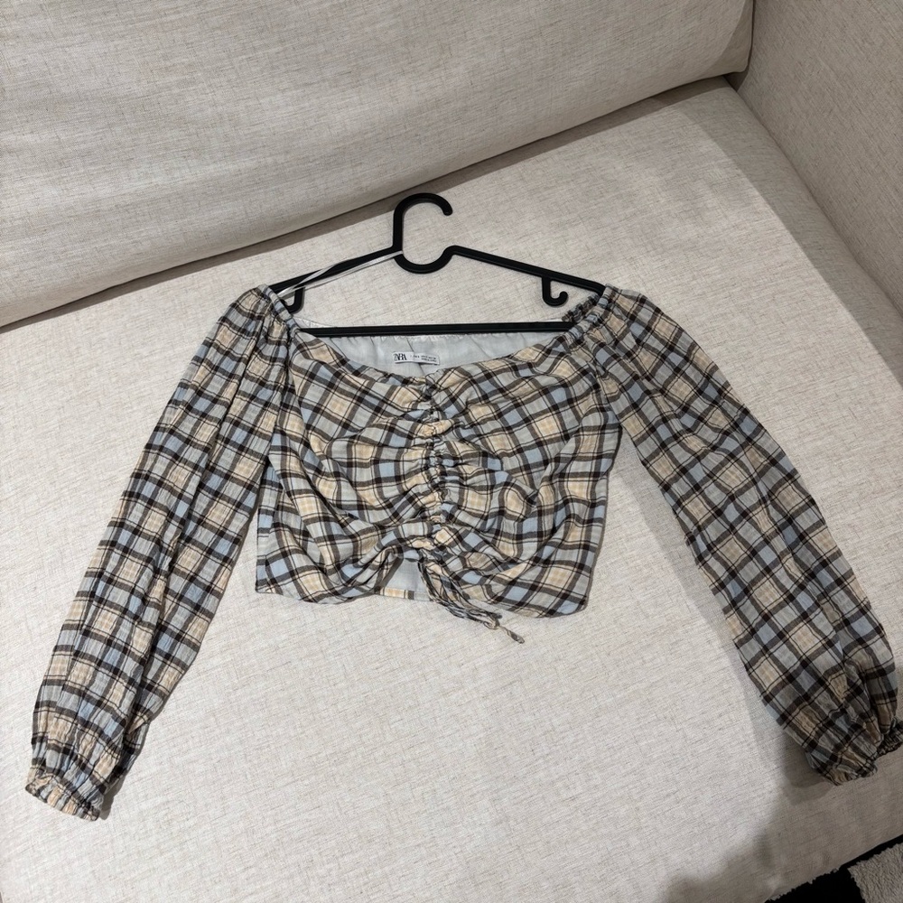 Zara Women Long Sleeve Blouse S Square Print blue/tan/brown/cream Details Front